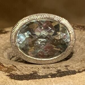 Sterling Silver and Prasiolite Ring Size 6 w/ Ornate Design Around Stone to Band